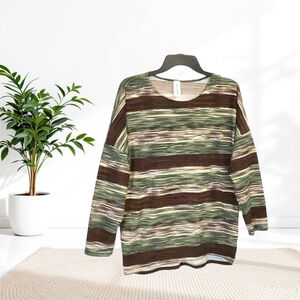 Peek-a-Boom Green, Brown, Black, Tan Block Striped Shirt Women ~2X/3X